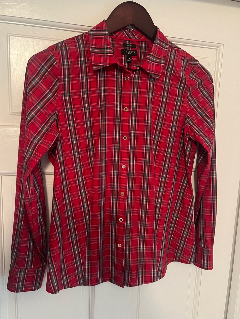 Talbots Red and Black with Gold Plaid Button-Front Shirt | Size 2 Petite